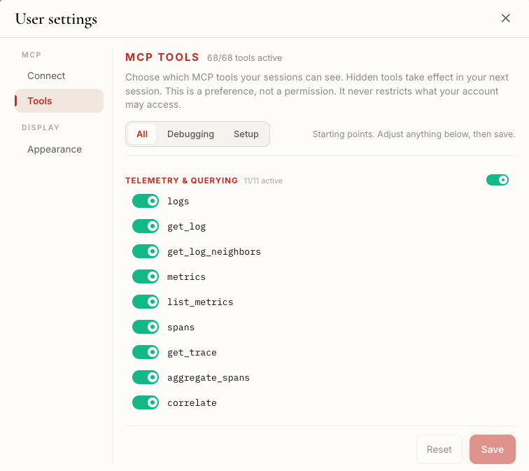 The User settings dialog on MCP > Tools: the preset row reads All, Debugging, Setup; the Telemetry & querying group shows 11/11 active with every switch on; Reset and Save buttons at the bottom